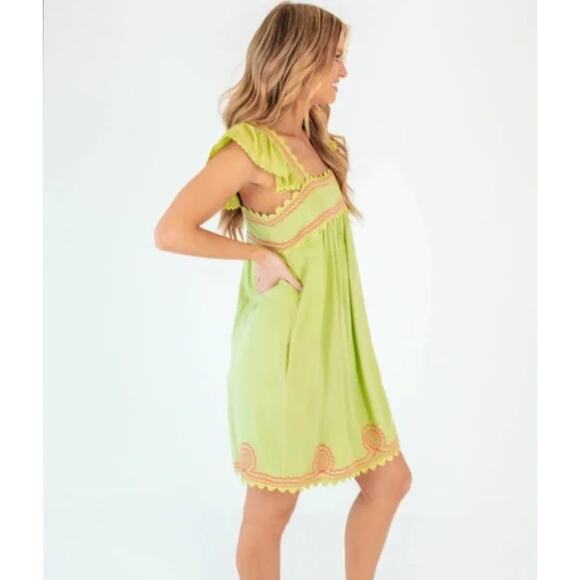 J.Marie Hailey Dress Womens XS Pink Lime Green Embroidered Shift Flutter NEW - Picture 3 of 13